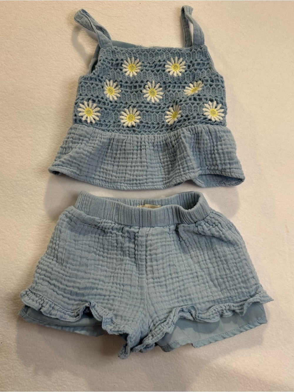 btween Light Blue Crochet Daisy Tank & Ruffled Shorts Set